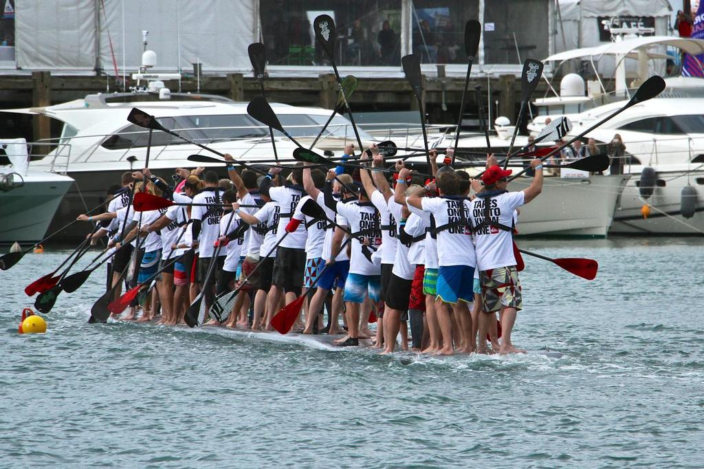 Celebrations as the Lancer SUP crosses the line - New provisional World SUP mark set on the Lancer AirDock SUP - Auckland On The Water Boat Show - September 27, 2014  © Richard Gladwell www.photosport.co.nz